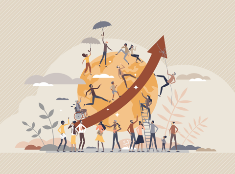 Illustration of a diverse group of people doing activities around an oversized globe