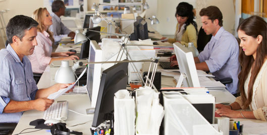 Six people working at desks in an office