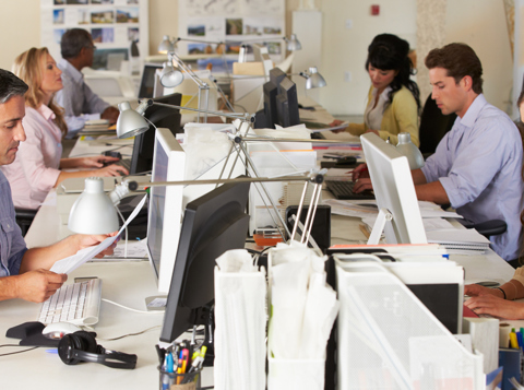 Six people working at desks in an office