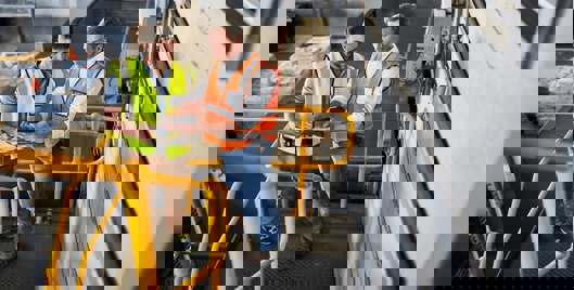 Two men stood in warehouse discussing information on a clipboard