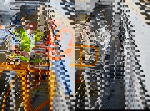 Two men stood in warehouse discussing information on a clipboard